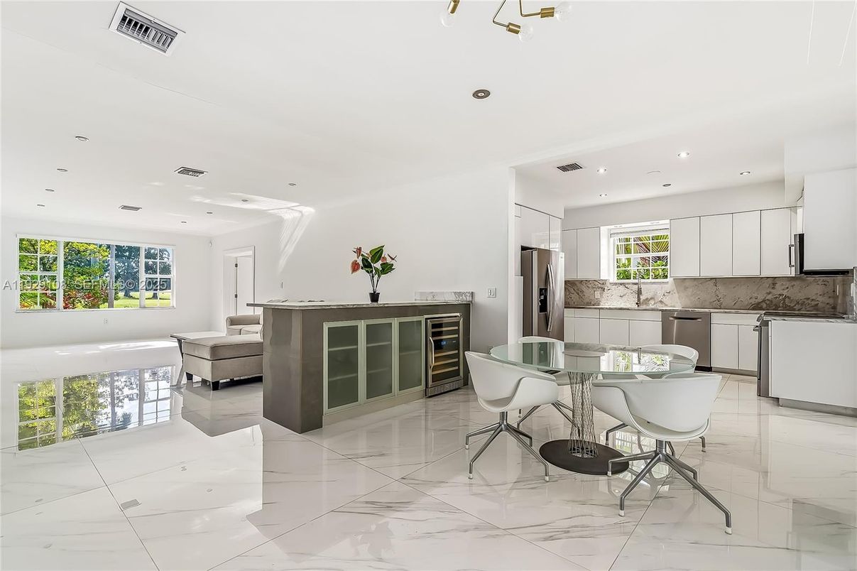 Dining room, Interior, Kitchen, Living room, Marble, Recessed Lighting, Stainless Steel Appliances