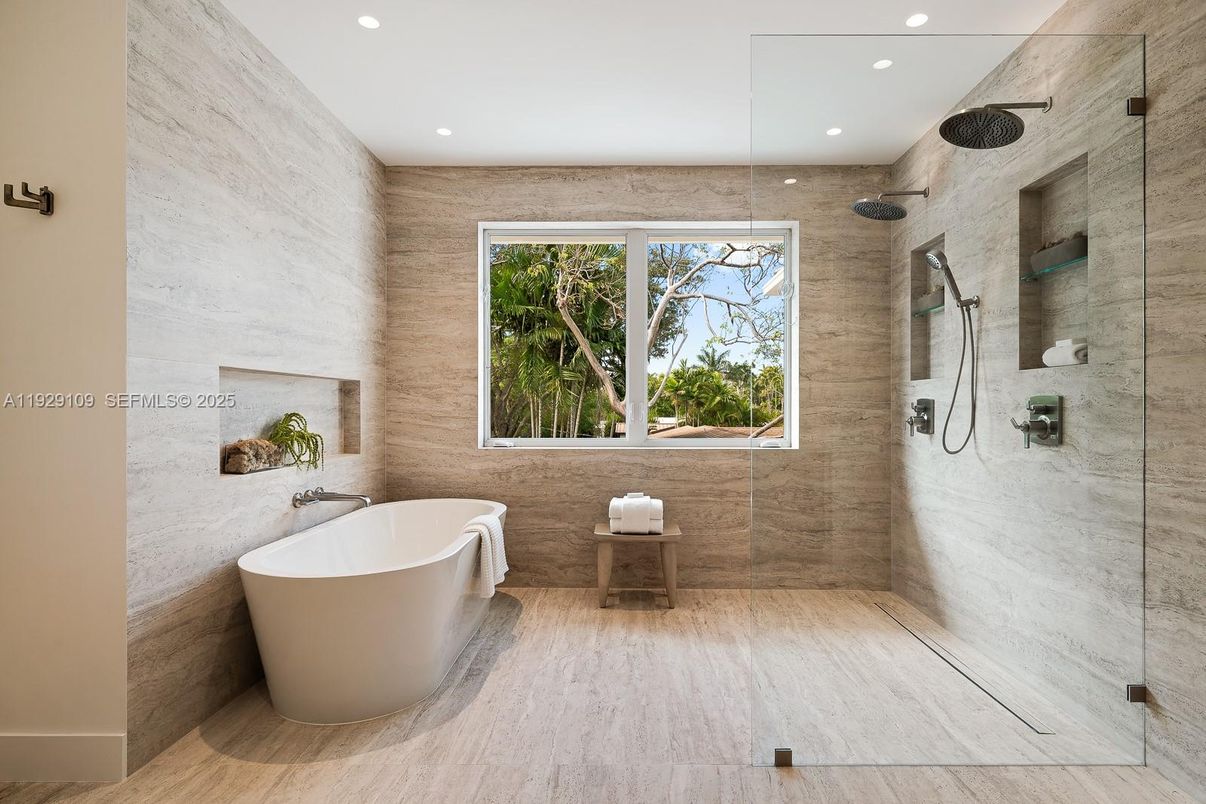 Bathroom, Free Standing Baths, Glass Shower, Interior, Marble Walls, Recessed Lighting