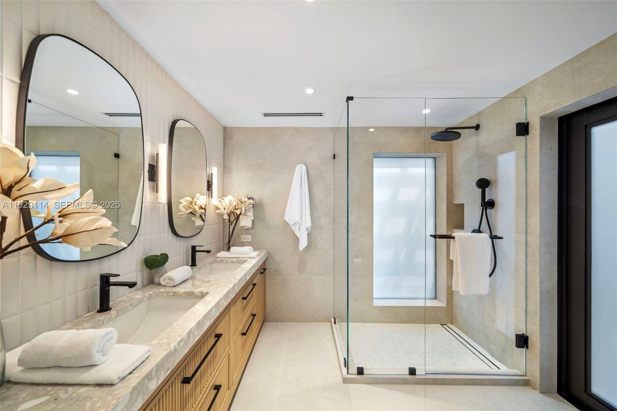 Bathroom, Dual Sink Vanities, Glass Shower, Interior, Recessed Lighting