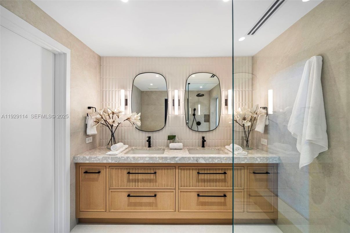 Bathroom, Dual Sink Vanities, Glass Shower, Interior, Recessed Lighting