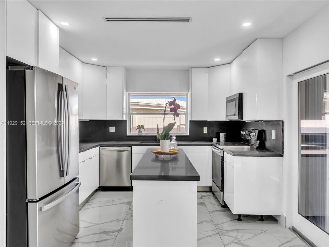 Interior, Kitchen, Marble, Recessed Lighting, Stainless Steel Appliances