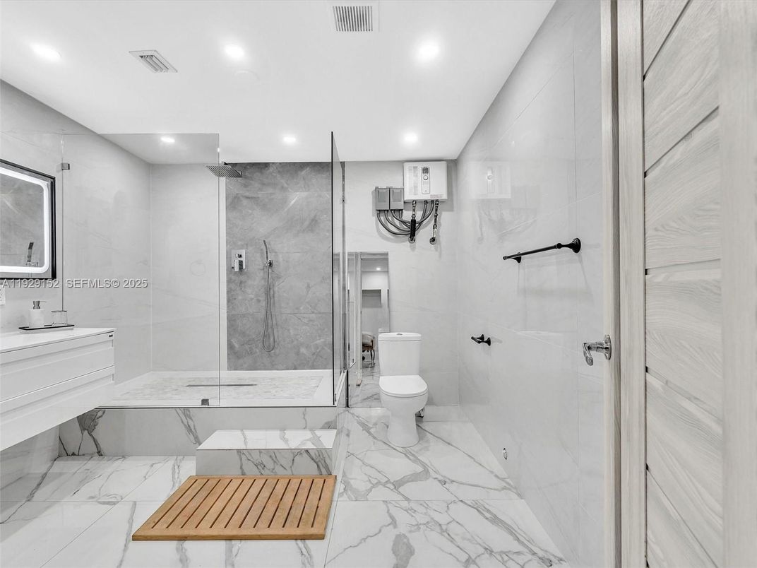 Bathroom, Glass Shower, Interior, Marble, Marble Walls, Recessed Lighting