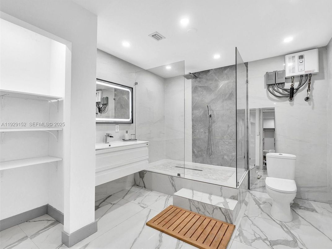 Bathroom, Glass Shower, Interior, Marble, Marble Walls, Recessed Lighting