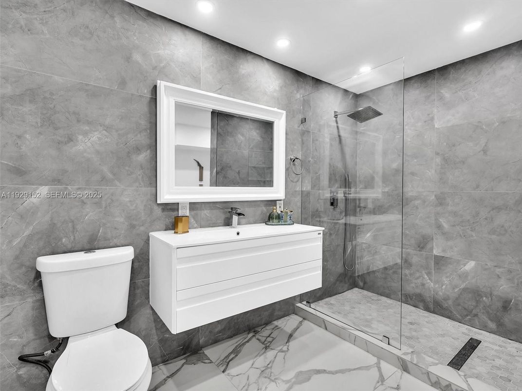 Bathroom, Glass Shower, Interior, Marble, Recessed Lighting