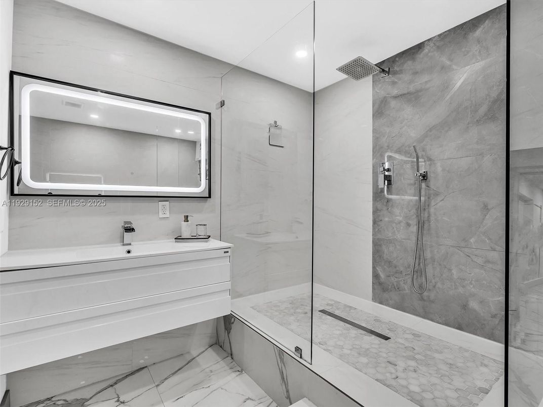 Bathroom, Glass Shower, Interior, Marble, Marble Walls, Recessed Lighting