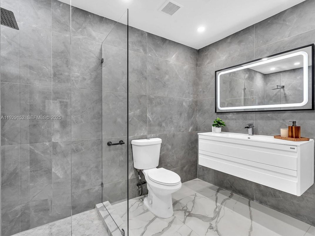 Bathroom, Glass Shower, Interior, Marble, Recessed Lighting