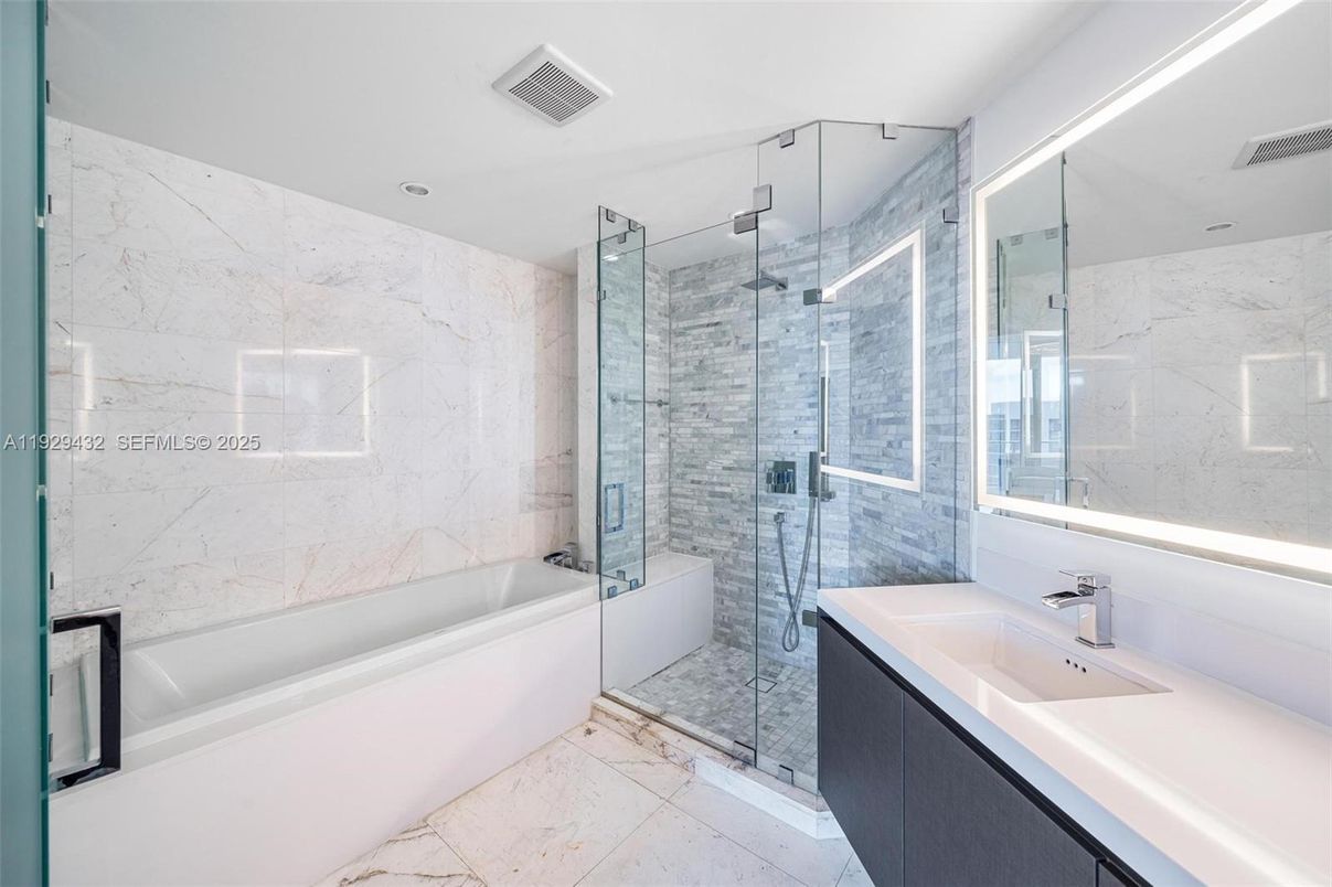 Bathroom, Glass Shower, Interior, Marble Walls, Recessed Lighting