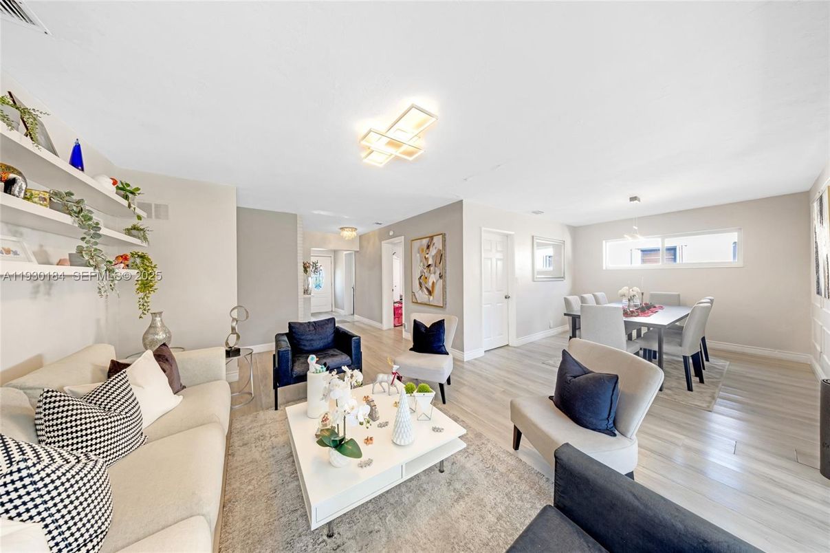 Dining room, Interior, Living room, Pendant Lights, Wood Texture Flooring