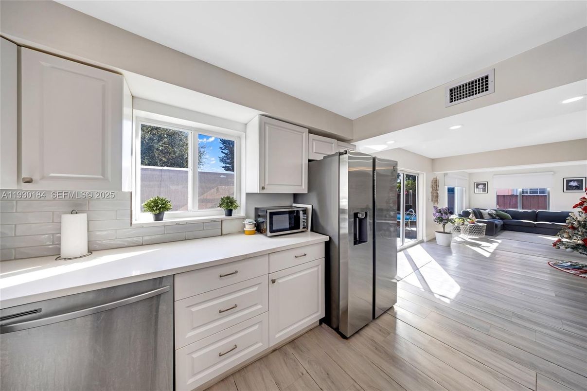 Interior, Kitchen, Living room, Recessed Lighting, Stainless Steel Appliances, Wood Texture Flooring