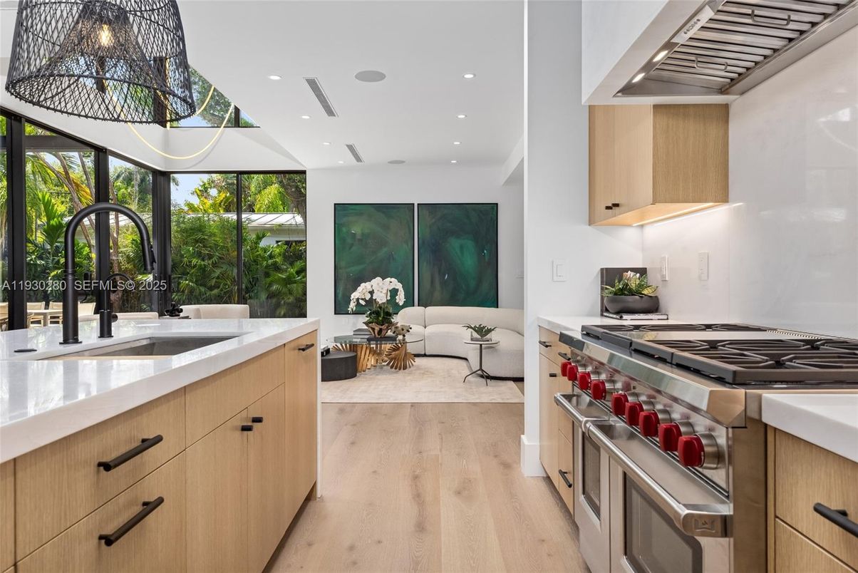 Interior, Kitchen, Living room, Recessed Lighting, Stainless Steel Appliances, Wood Texture Flooring