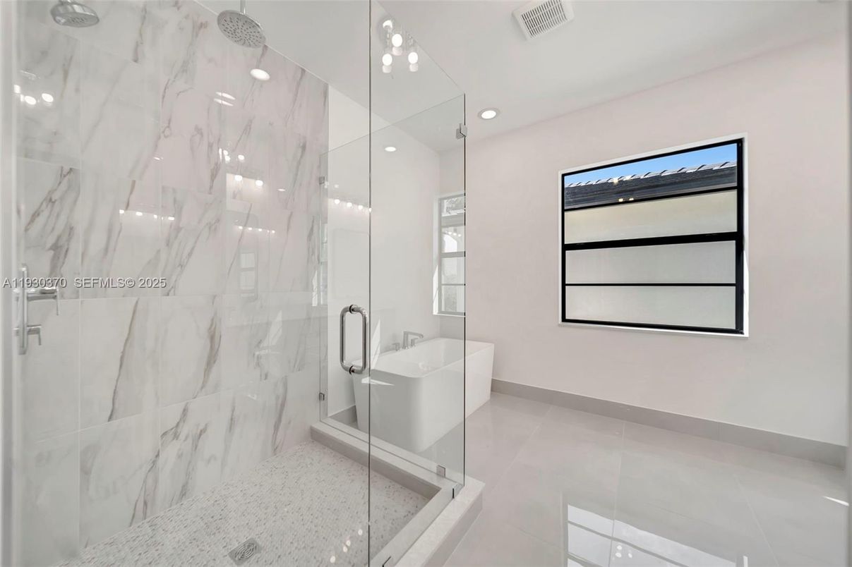 Bathroom, Glass Shower, Interior, Marble Walls, Recessed Lighting