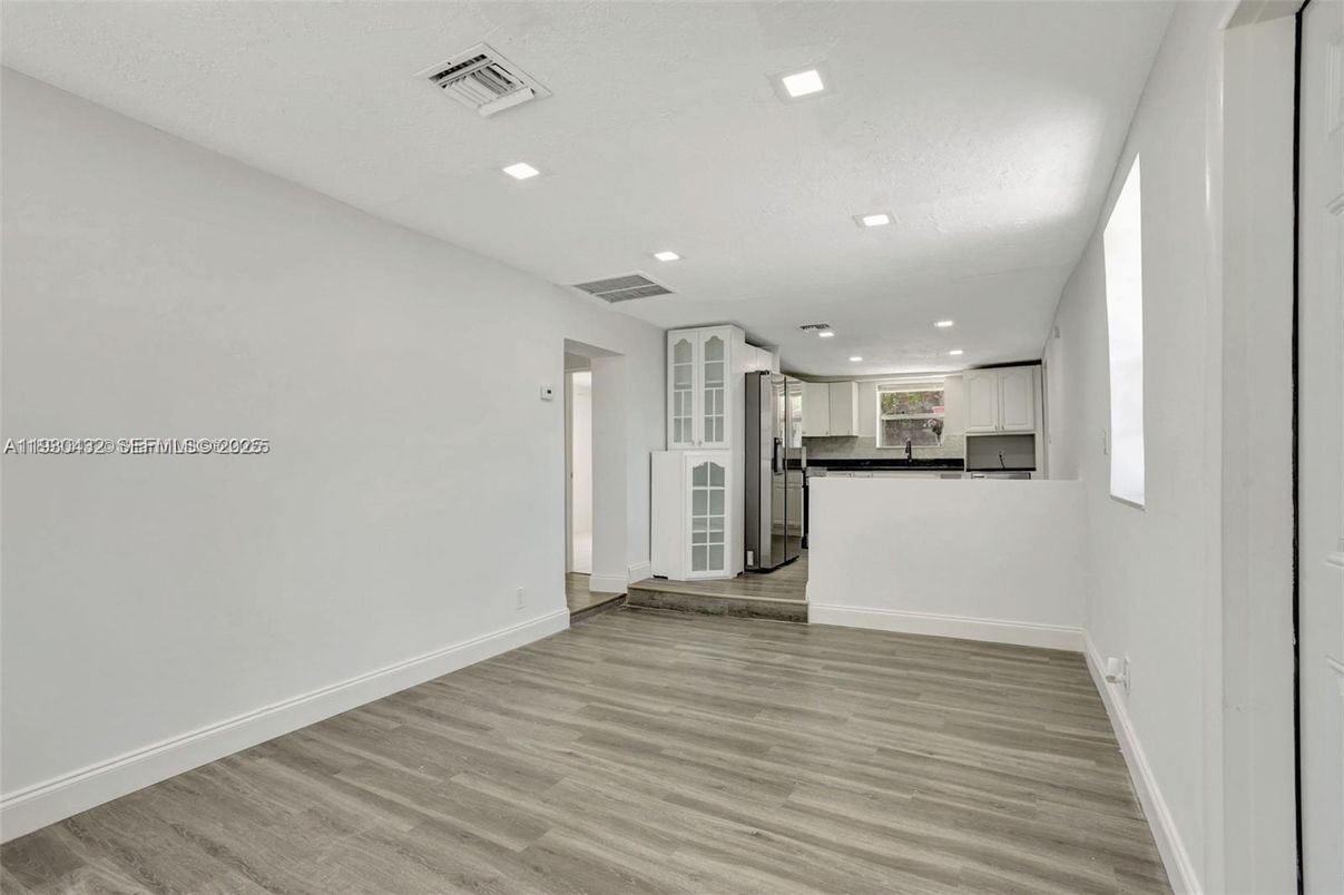 Empty room, Interior, Kitchen, Recessed Lighting, Wood Texture Flooring