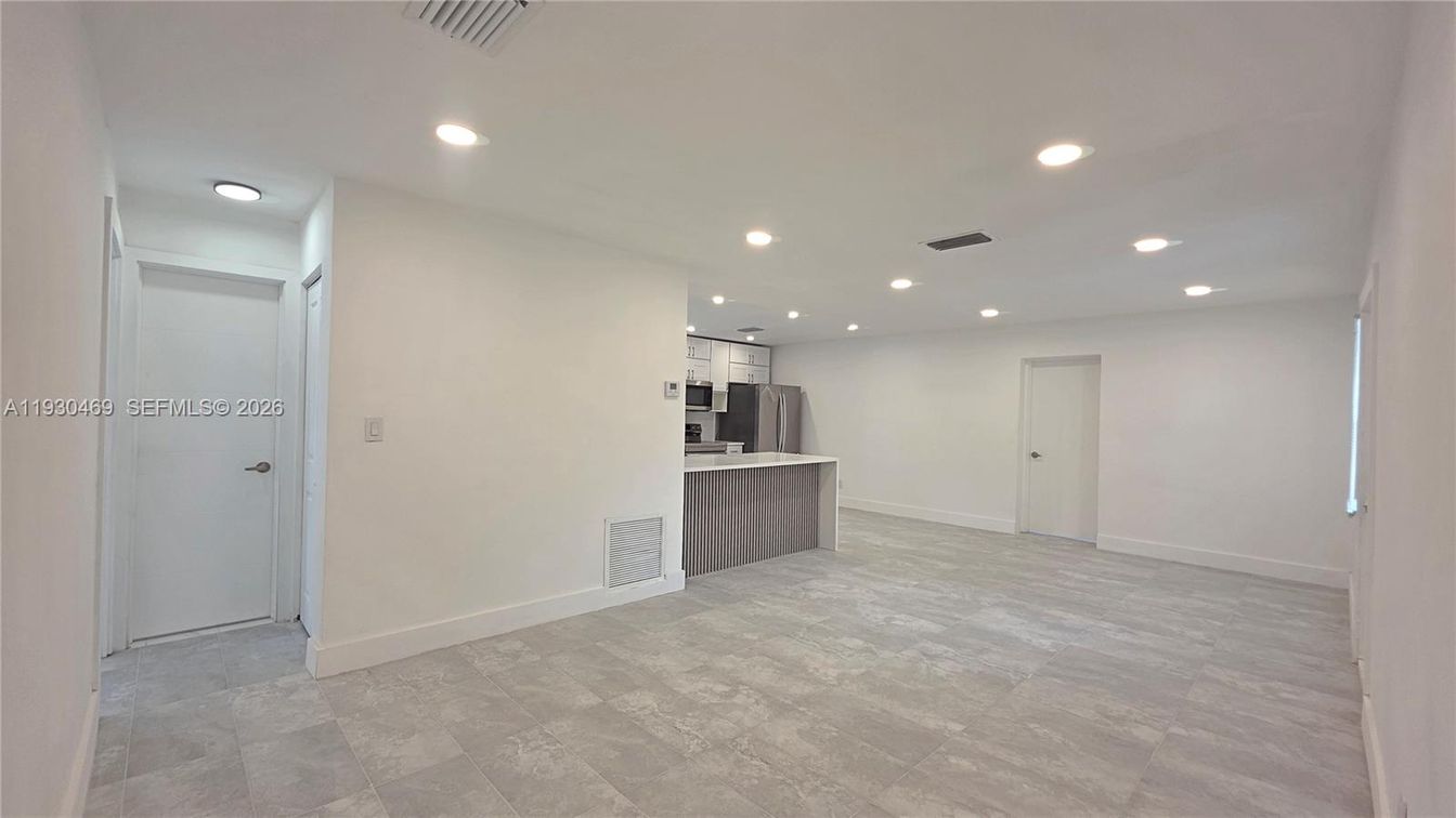 Empty room, Interior, Kitchen, Recessed Lighting, Stainless Steel Appliances