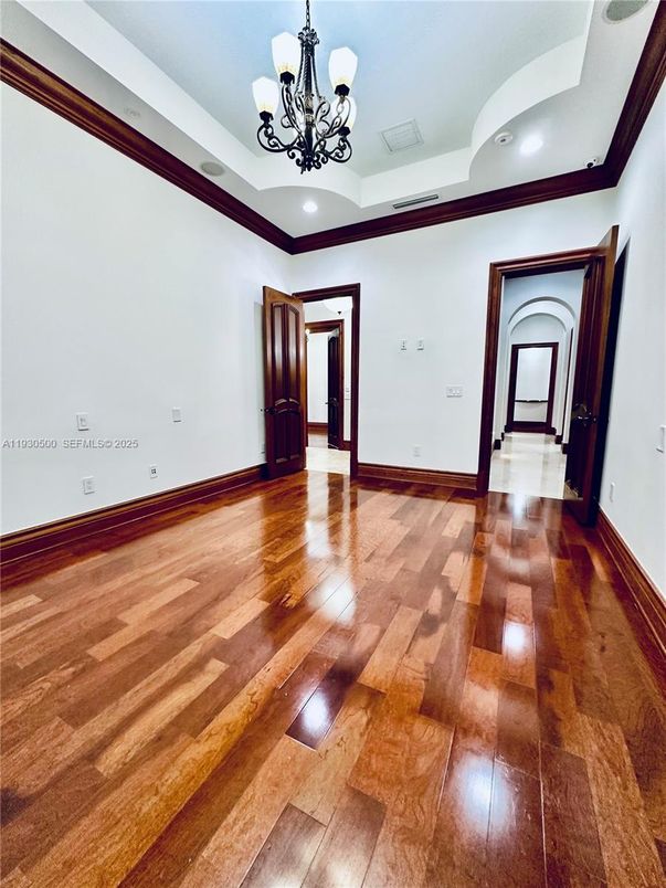 Chandelier, Empty room, Interior, Recessed Lighting, Wood Texture Flooring