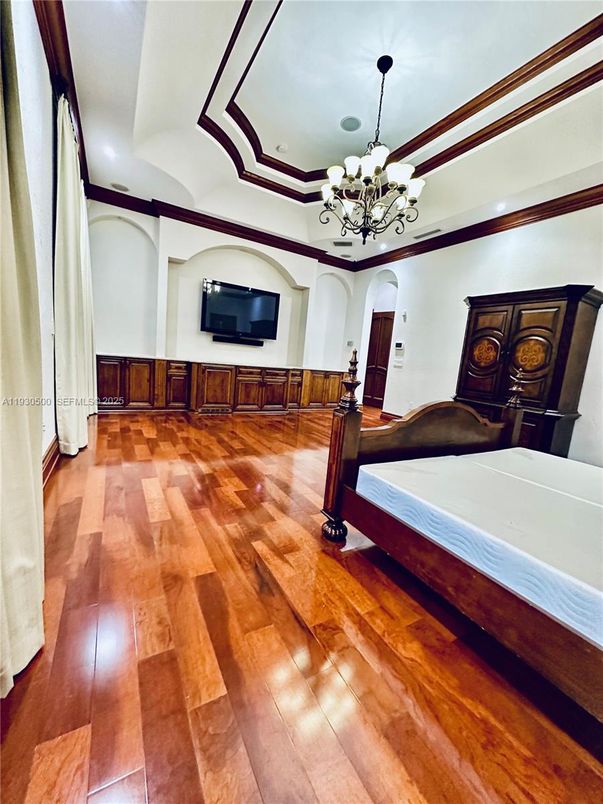 Bedroom, Chandelier, Interior, Recessed Lighting, Wood Texture Flooring