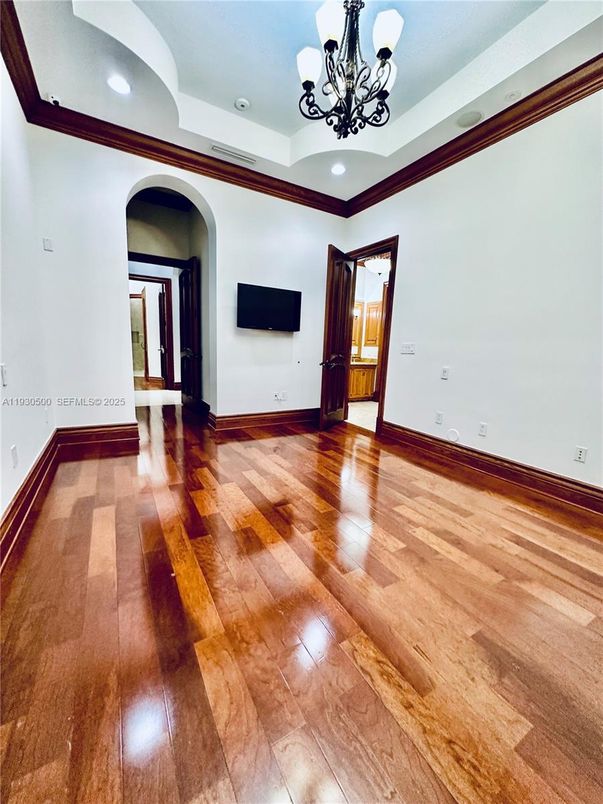 Chandelier, Empty room, Interior, Recessed Lighting, Wood Texture Flooring