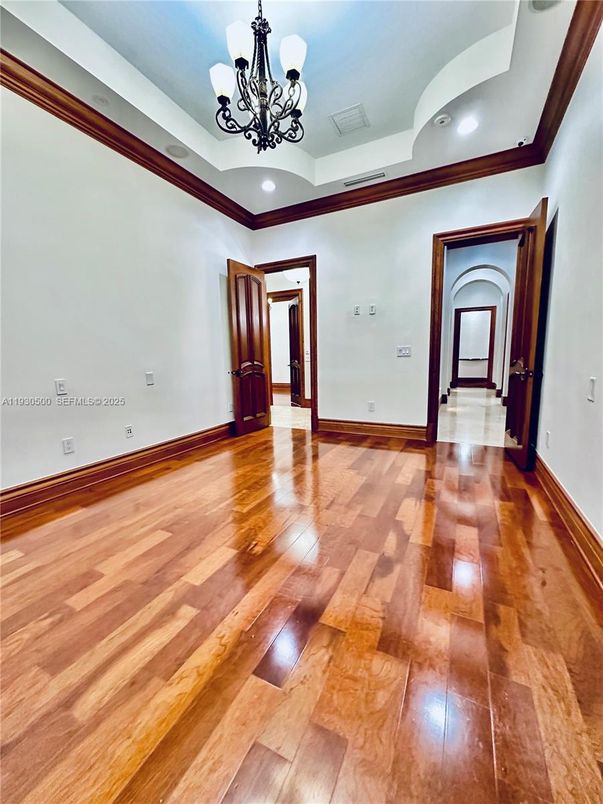 Chandelier, Empty room, Interior, Recessed Lighting, Wood Texture Flooring