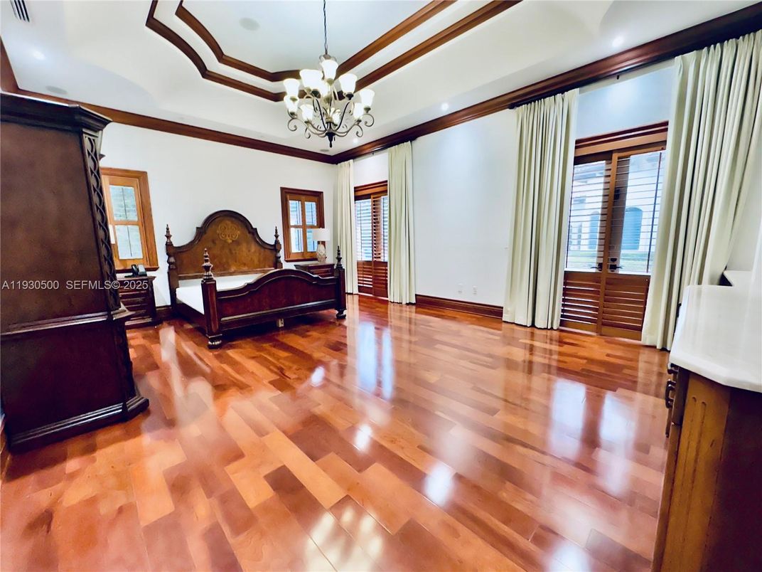 Bedroom, Chandelier, Interior, Wood Texture Flooring