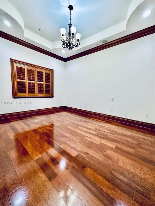 Chandelier, Empty room, Interior, Recessed Lighting, Wood Texture Flooring