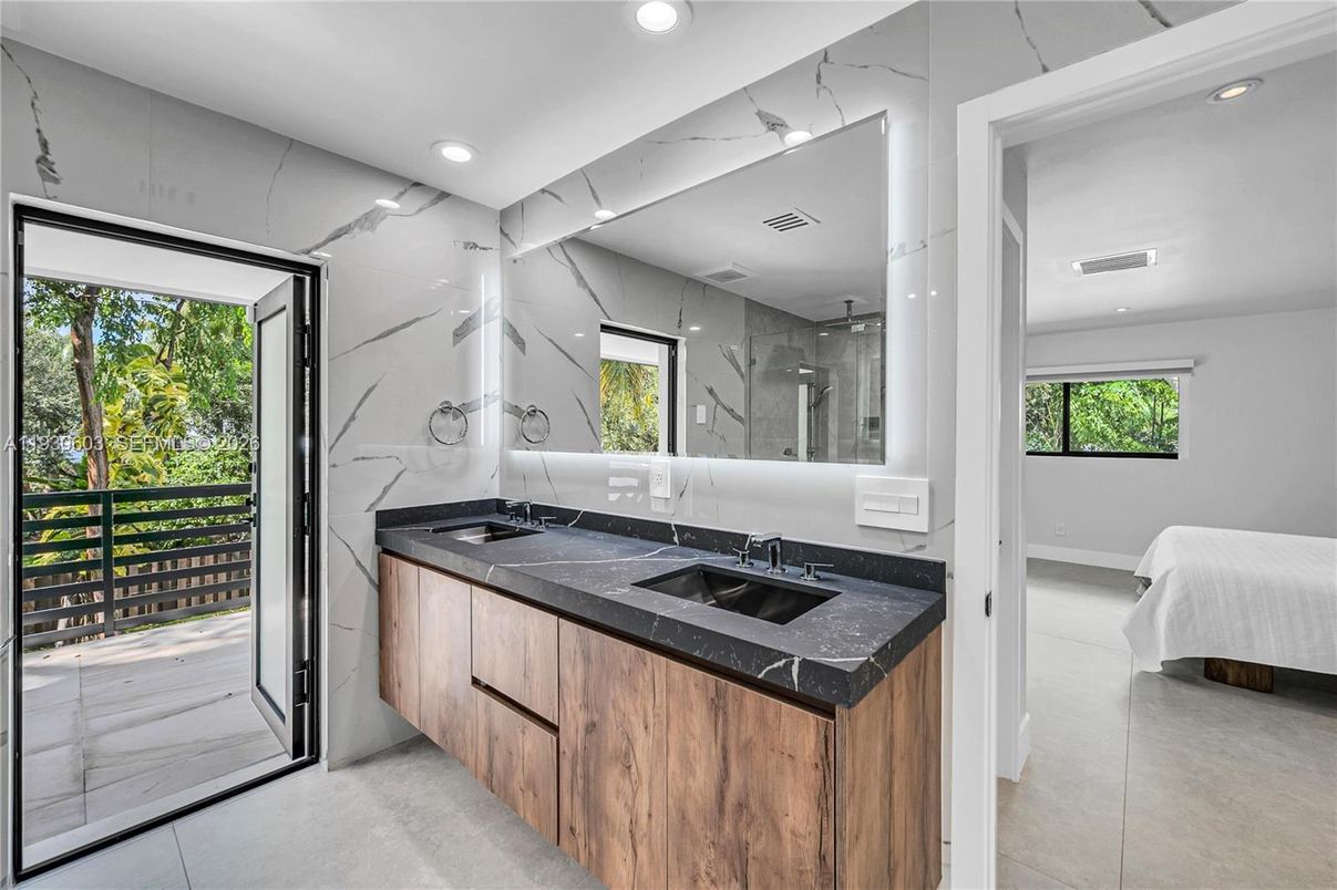 Bathroom, Dual Sink Vanities, Interior, Marble Walls, Recessed Lighting