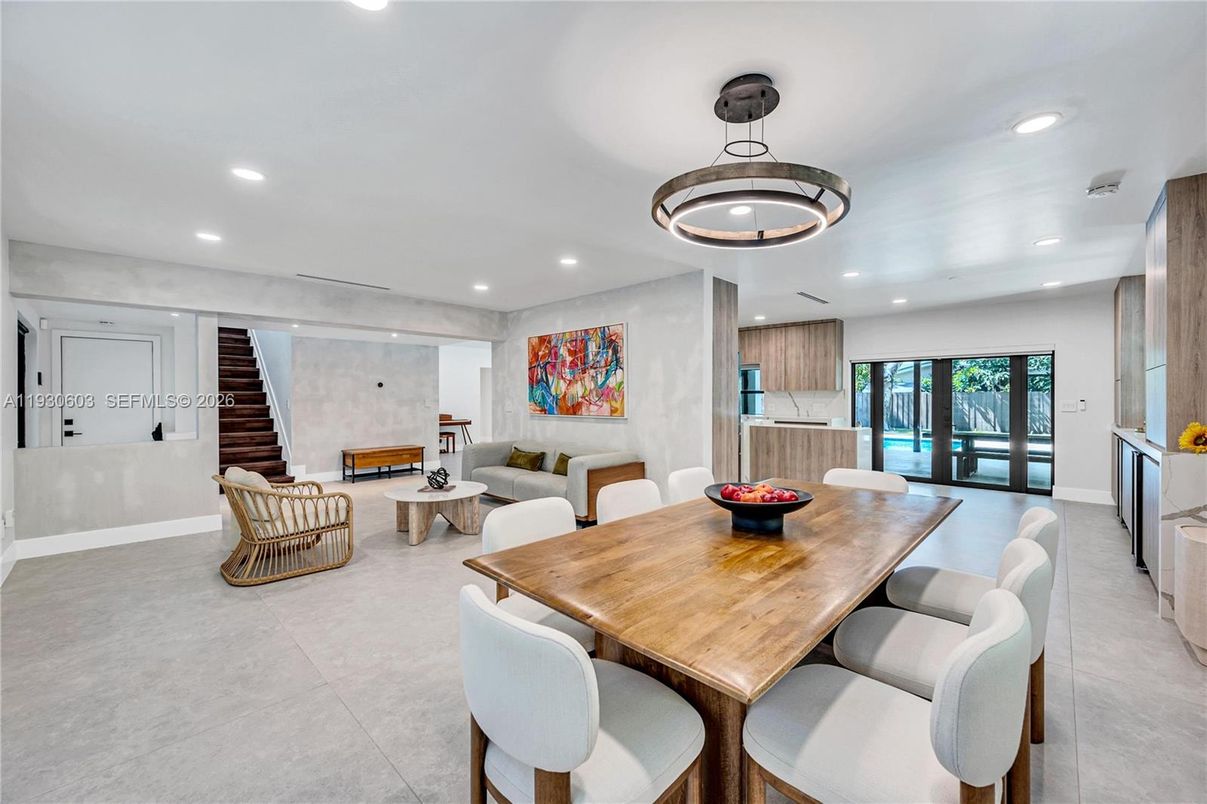 Dining room, Fireplace, Interior, Living room, Pendant Lights, Recessed Lighting