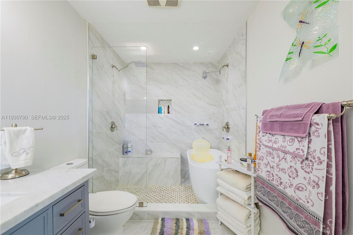 Bathroom, Glass Shower, Interior, Marble, Marble Walls, Recessed Lighting