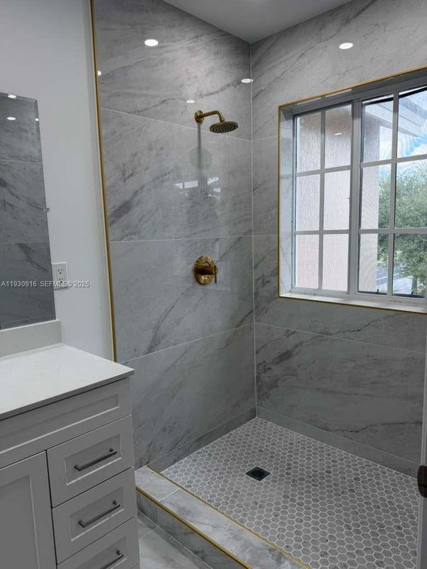 Bathroom, Glass Shower, Interior, Marble Walls, Recessed Lighting