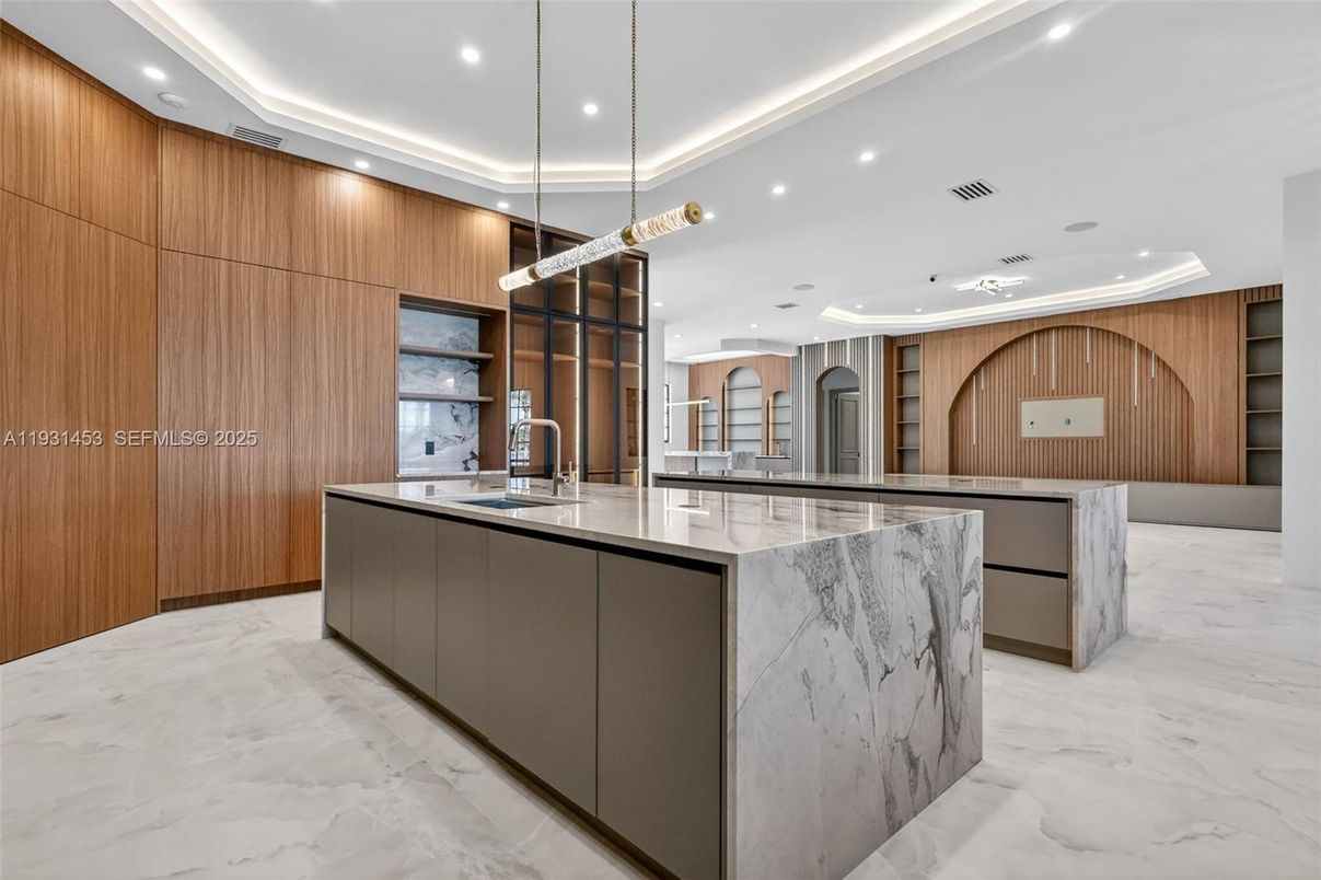 Interior, Kitchen, Marble, Marble Walls, Recessed Lighting, Stainless Steel Appliances