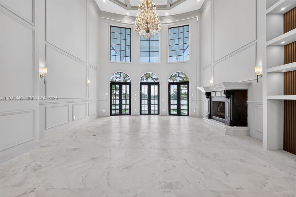 Chandelier, Fireplace, Interior, Living room, Marble, Recessed Lighting