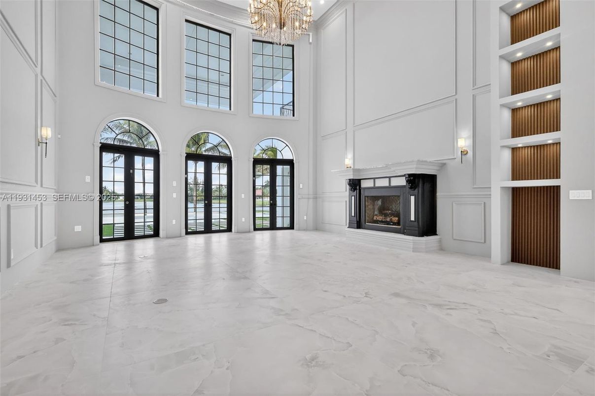 Chandelier, Empty room, Fireplace, Interior, Marble