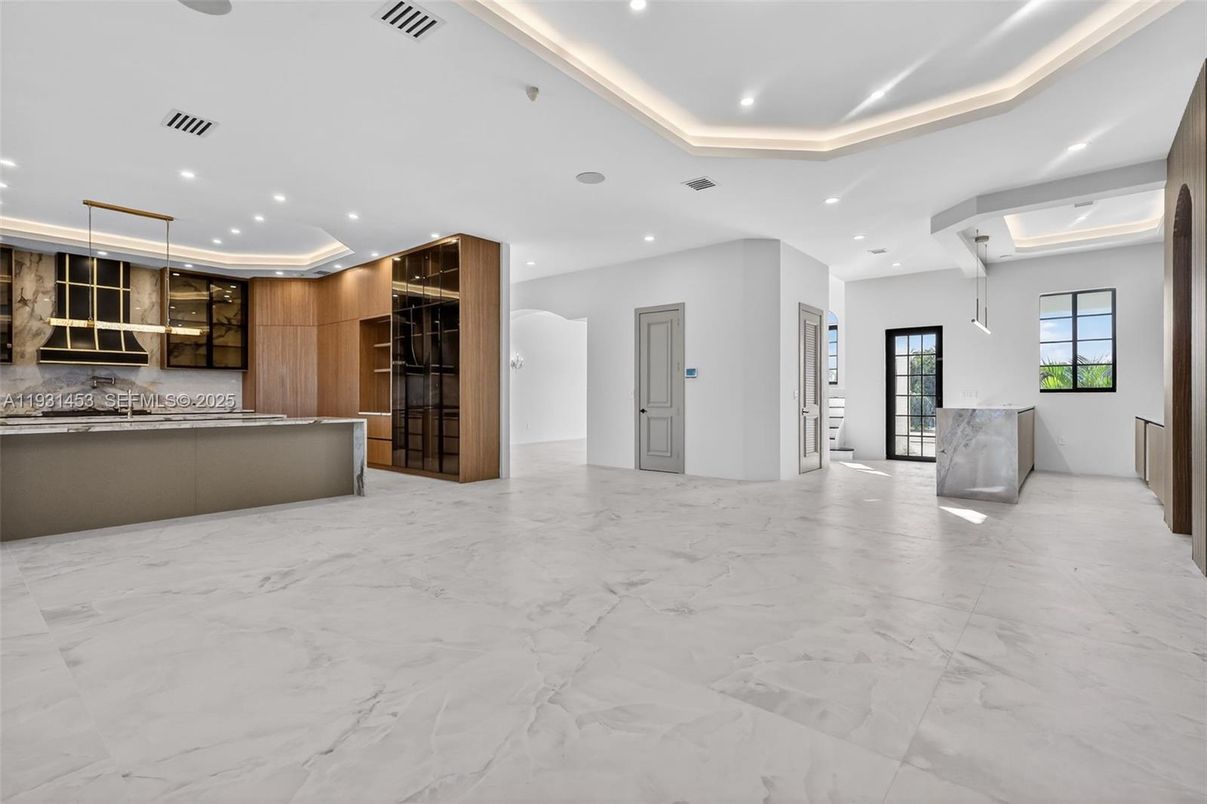 Interior, Kitchen, Marble, Pendant Lights, Recessed Lighting, Wooden Walls