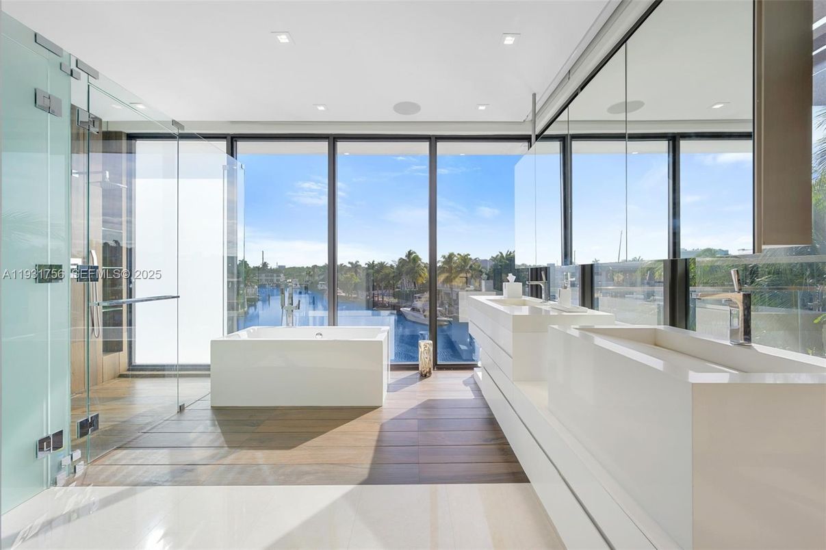 Bathroom, Dual Sink Vanities, Free Standing Baths, Glass Shower, Interior, Recessed Lighting, Water, Wood Texture Flooring