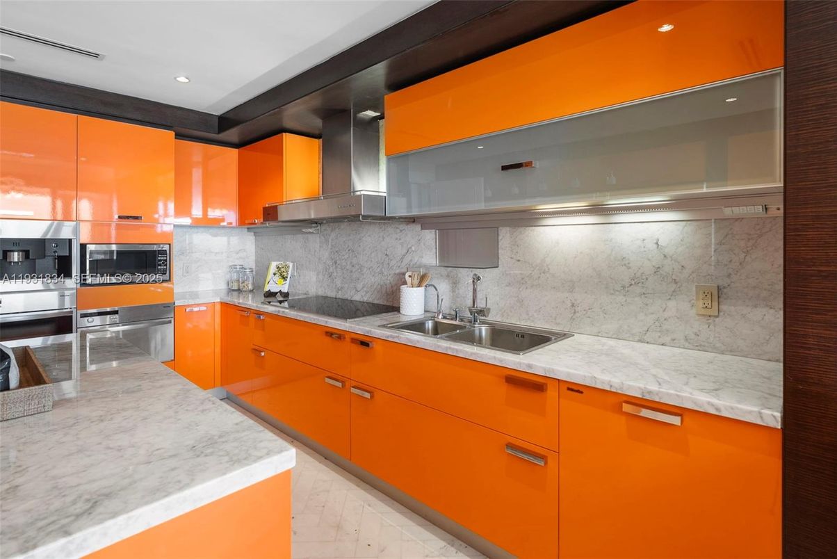 Interior, Kitchen, Marble, Marble Walls, Recessed Lighting, Stainless Steel Appliances