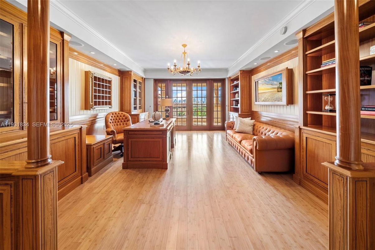 Chandelier, Home Office, Interior, Recessed Lighting, Wood Texture Flooring