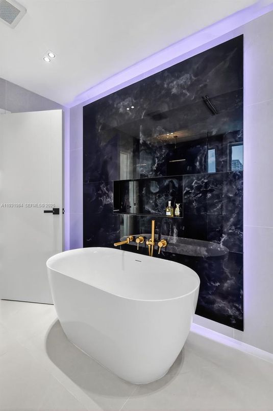 Bathroom, Free Standing Baths, Interior, Marble Walls, Recessed Lighting