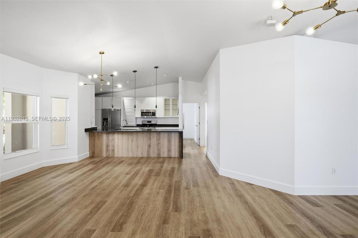Interior, Kitchen, Pendant Lights, Stainless Steel Appliances, Wood Texture Flooring