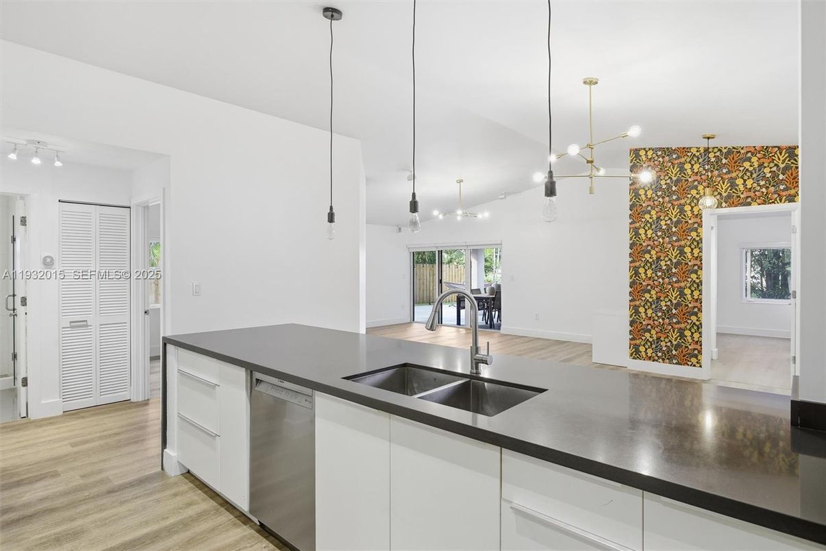 Interior, Kitchen, Pendant Lights, Stainless Steel Appliances, Wood Texture Flooring