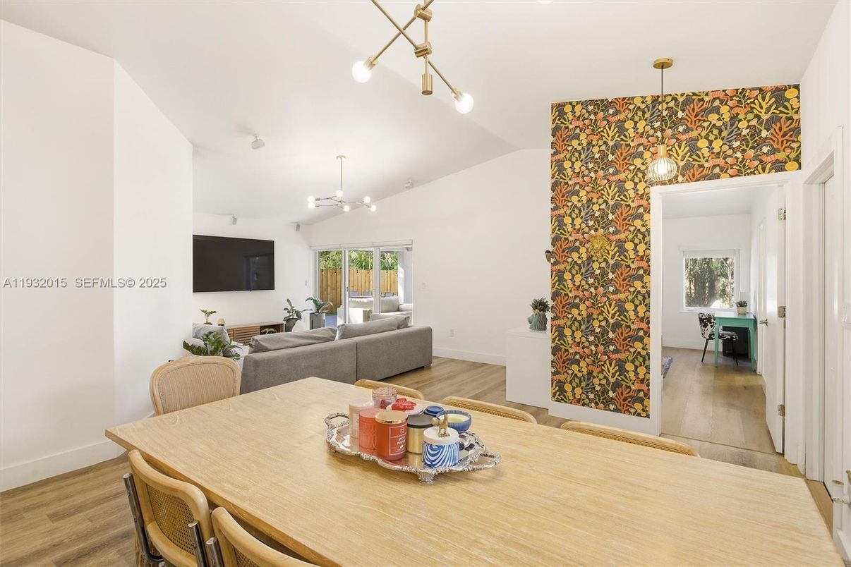 Dining room, Interior, Living room, Pendant Lights, Wood Texture Flooring