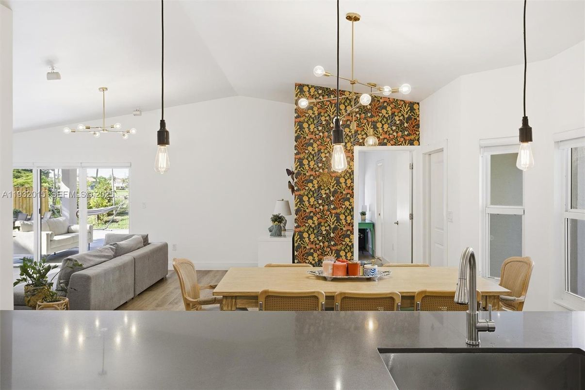 Dining room, Interior, Pendant Lights, Wood Texture Flooring