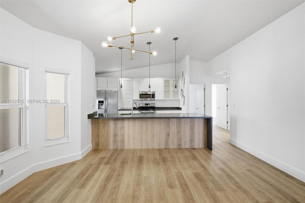 Interior, Kitchen, Pendant Lights, Stainless Steel Appliances, Wood Texture Flooring
