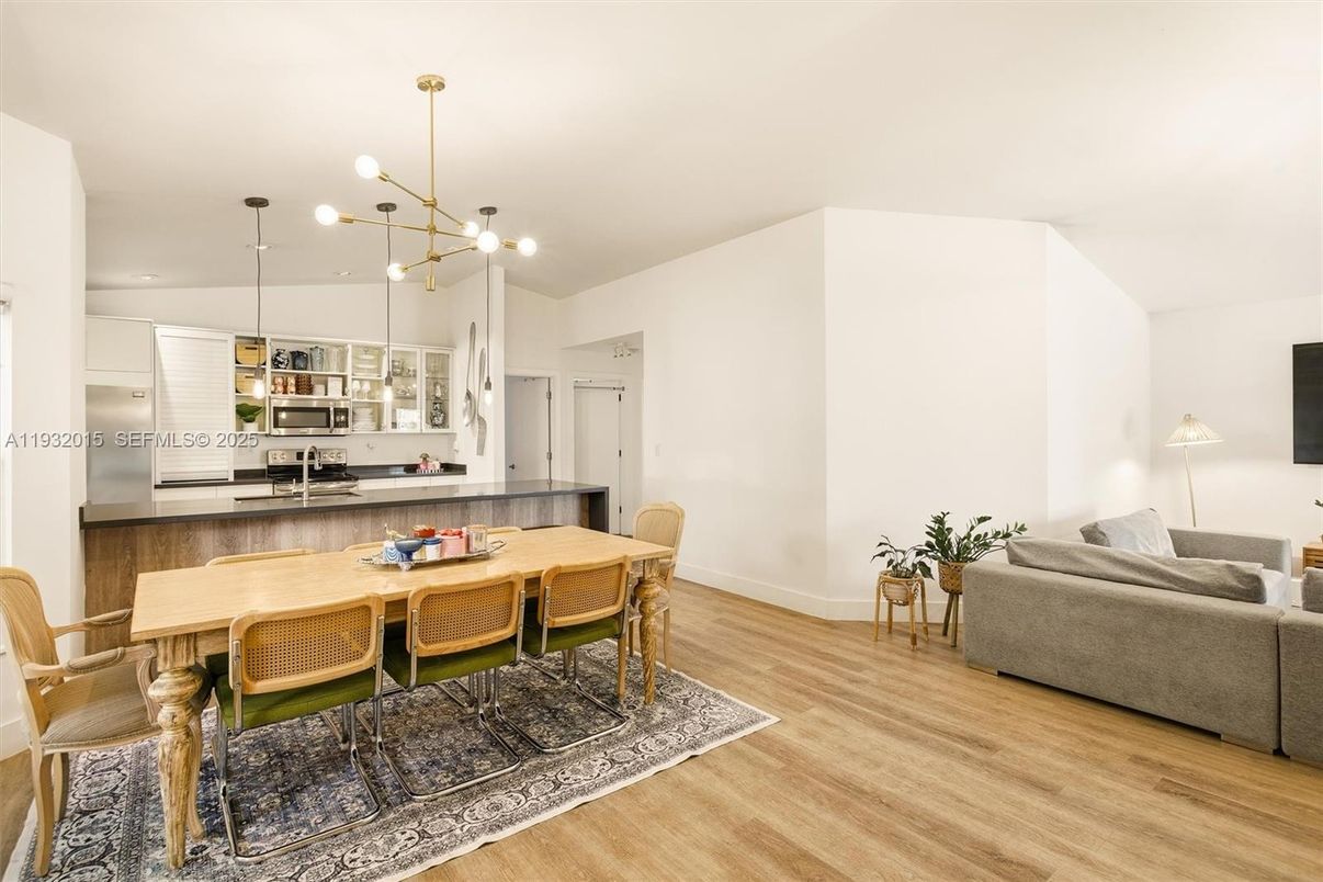 Dining room, Interior, Kitchen, Living room, Pendant Lights, Stainless Steel Appliances, Wood Texture Flooring