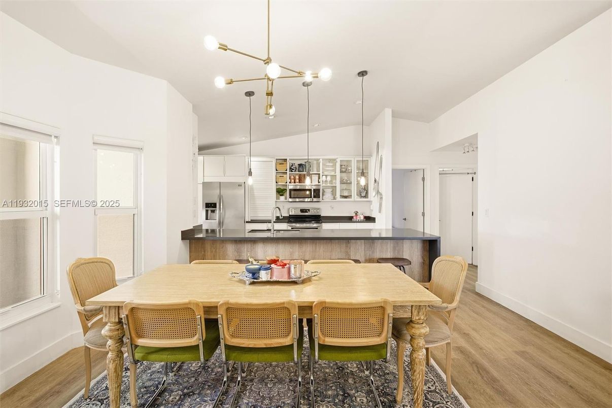 Dining room, Interior, Kitchen, Pendant Lights, Stainless Steel Appliances, Wood Texture Flooring