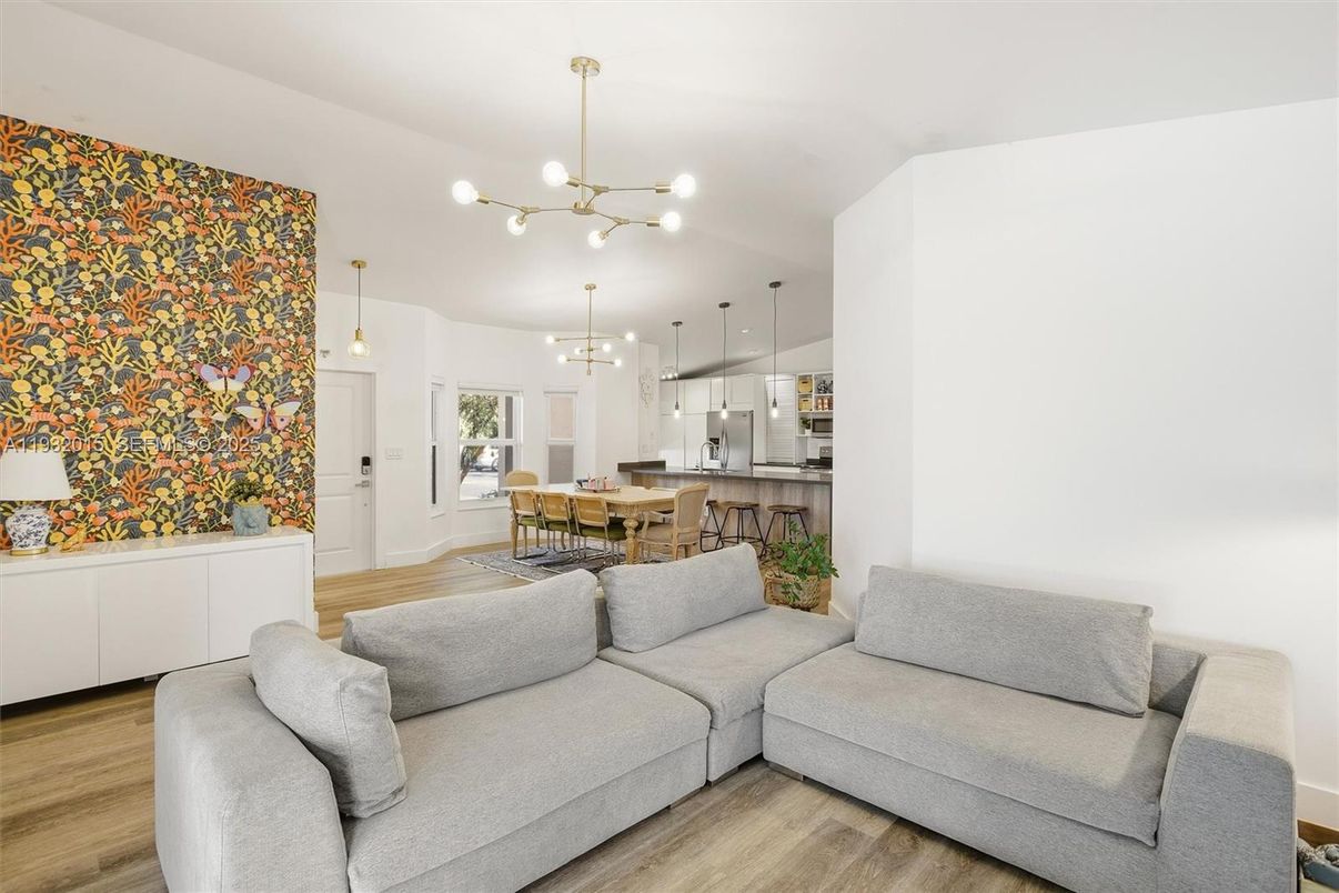 Dining room, Interior, Kitchen, Living room, Pendant Lights, Stainless Steel Appliances, Wood Texture Flooring
