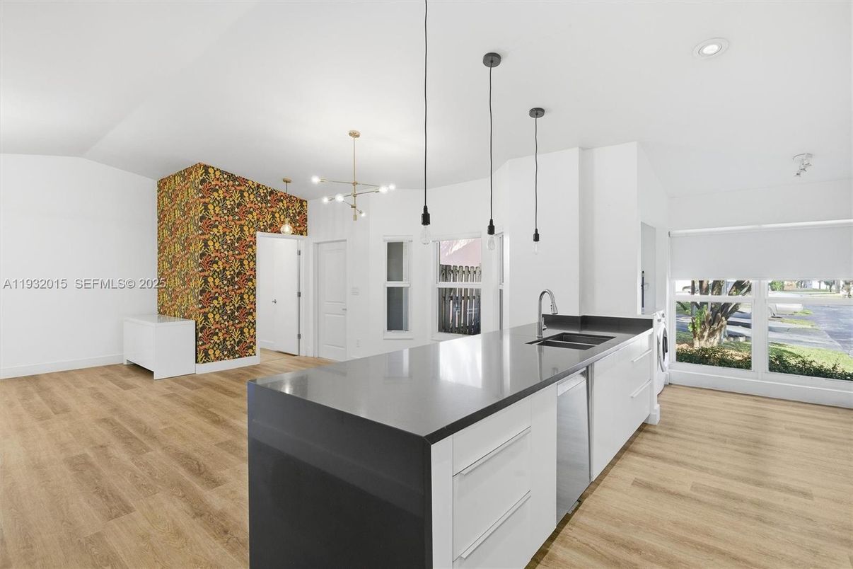 Interior, Kitchen, Pendant Lights, Recessed Lighting, Wood Texture Flooring