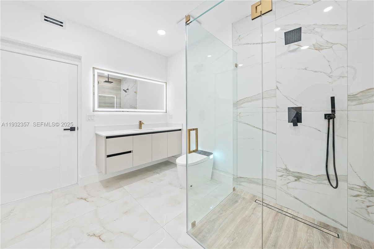 Bathroom, Glass Shower, Interior, Marble, Marble Walls, Recessed Lighting