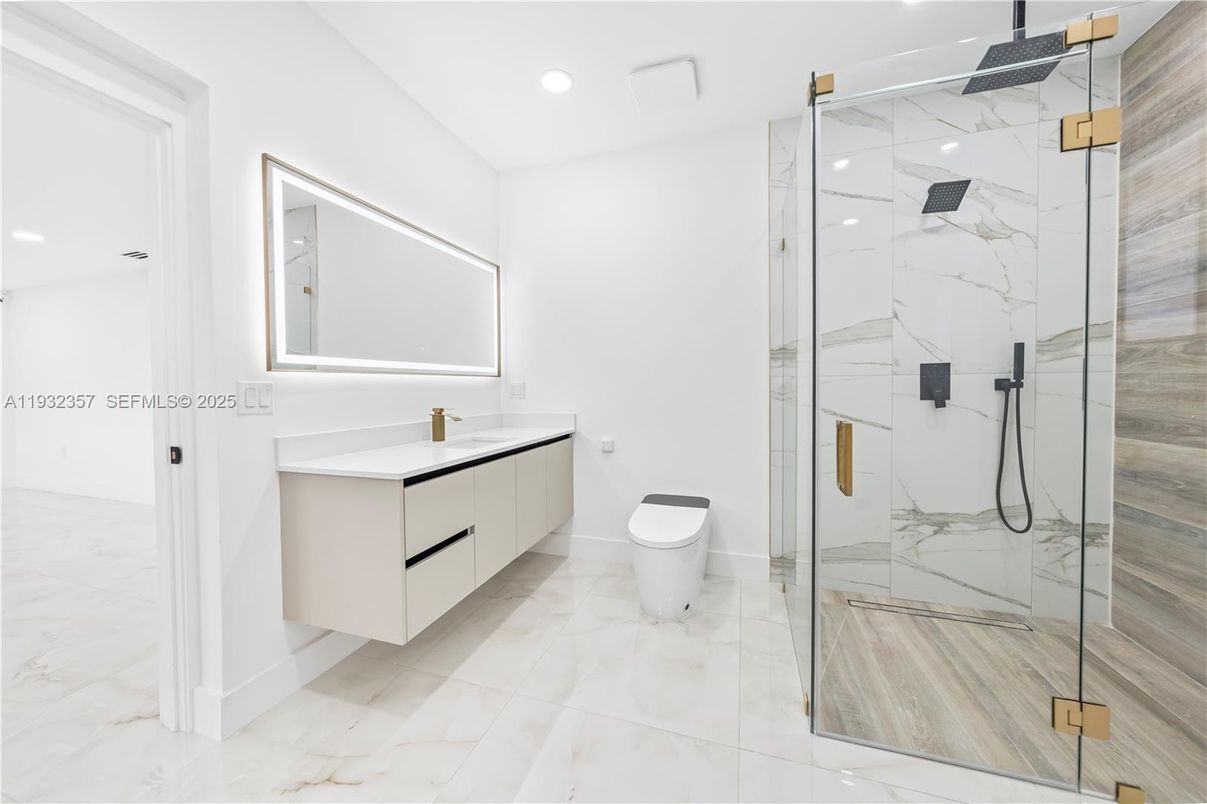 Bathroom, Glass Shower, Interior, Marble, Marble Walls, Recessed Lighting