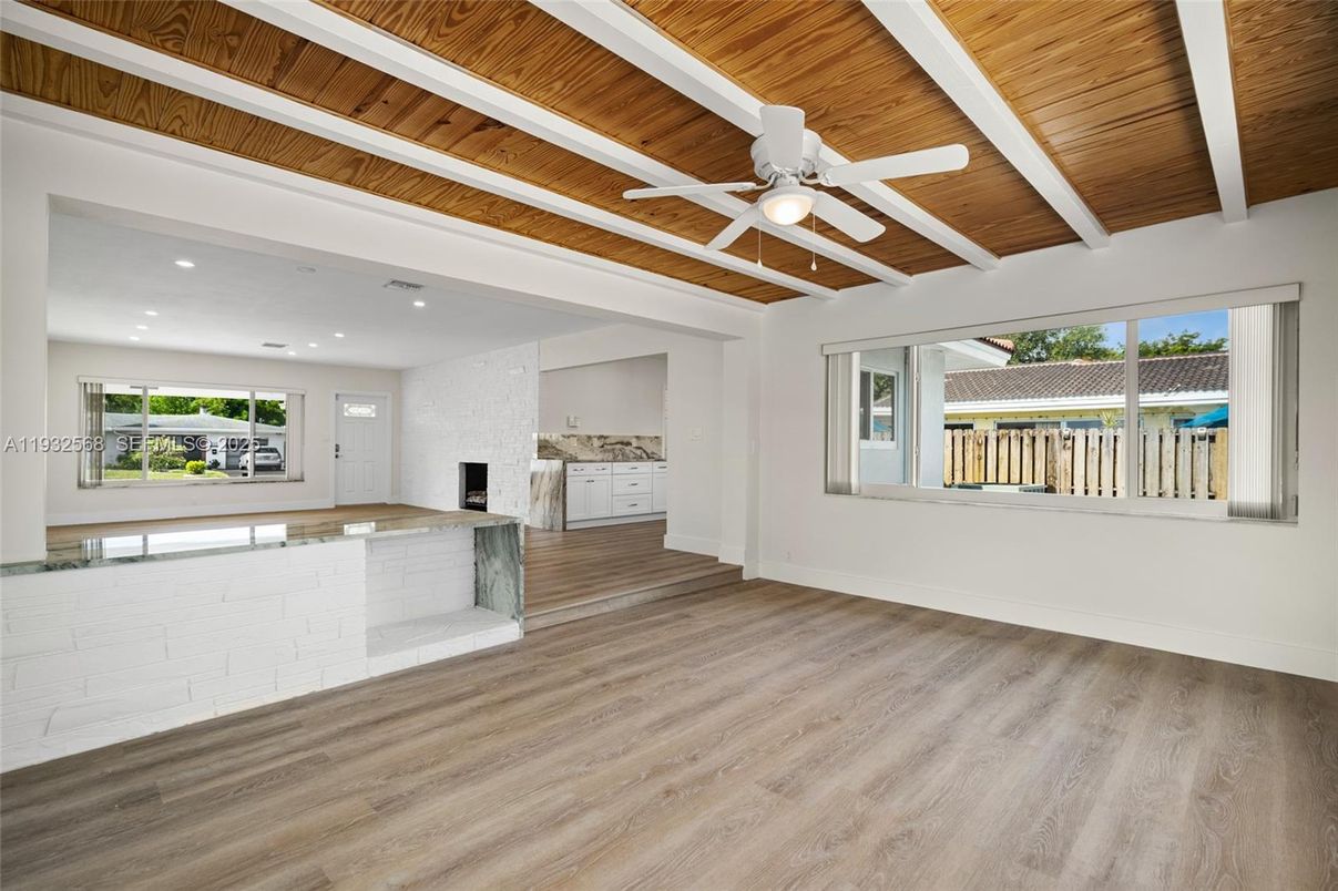 Empty room, Interior, Kitchen, Recessed Lighting, Wooden Ceilings, Wood Texture Flooring