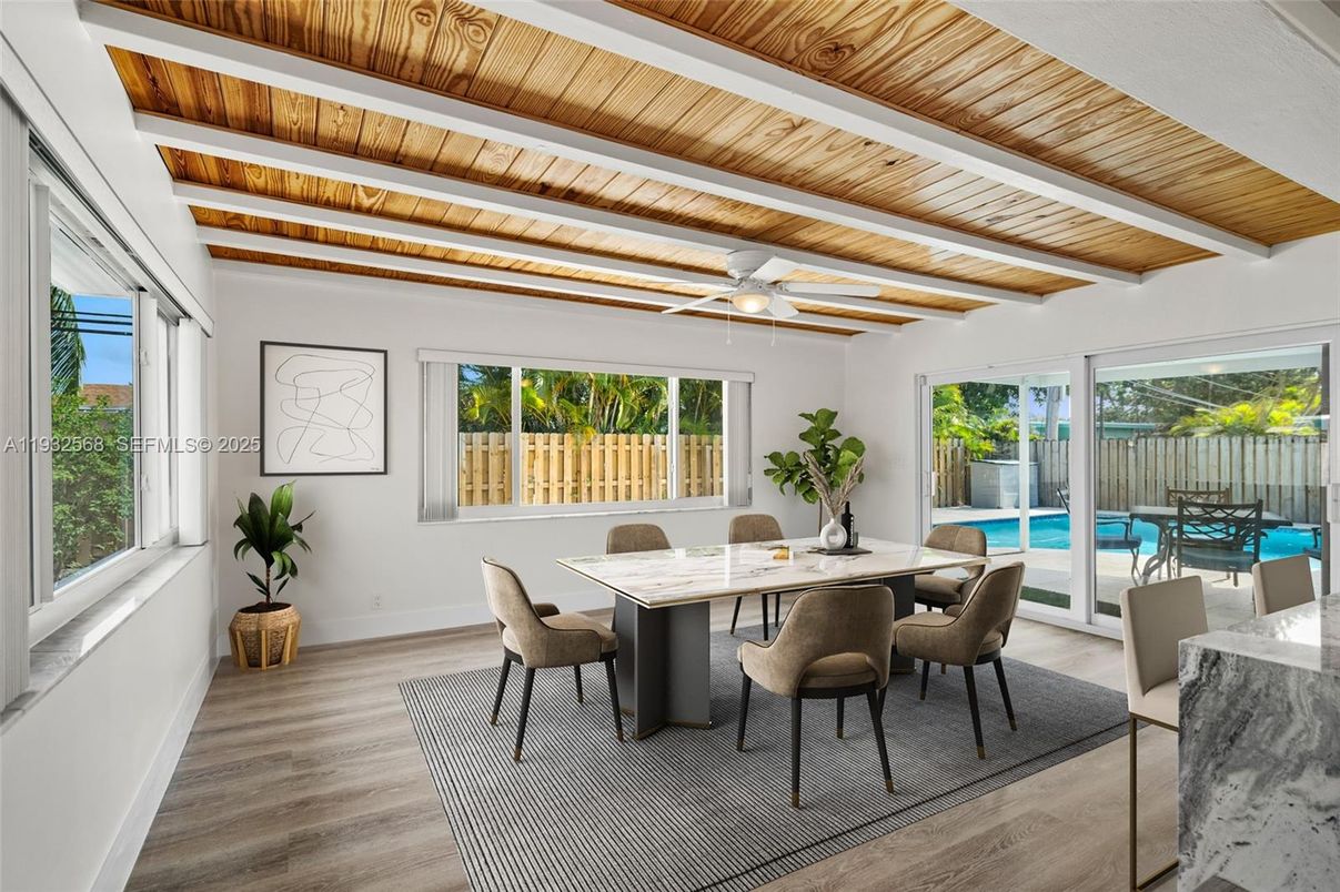 Dining room, Interior, Pool, Wooden Beams, Wooden Ceilings, Wood Texture Flooring
