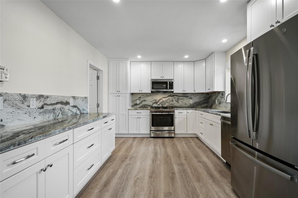 Interior, Kitchen, Recessed Lighting, Stainless Steel Appliances, Wood Texture Flooring