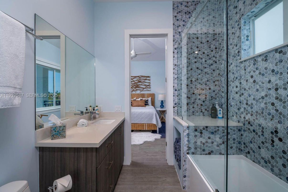 Bathroom, Bedroom, Glass Shower, Interior, Wood Texture Flooring